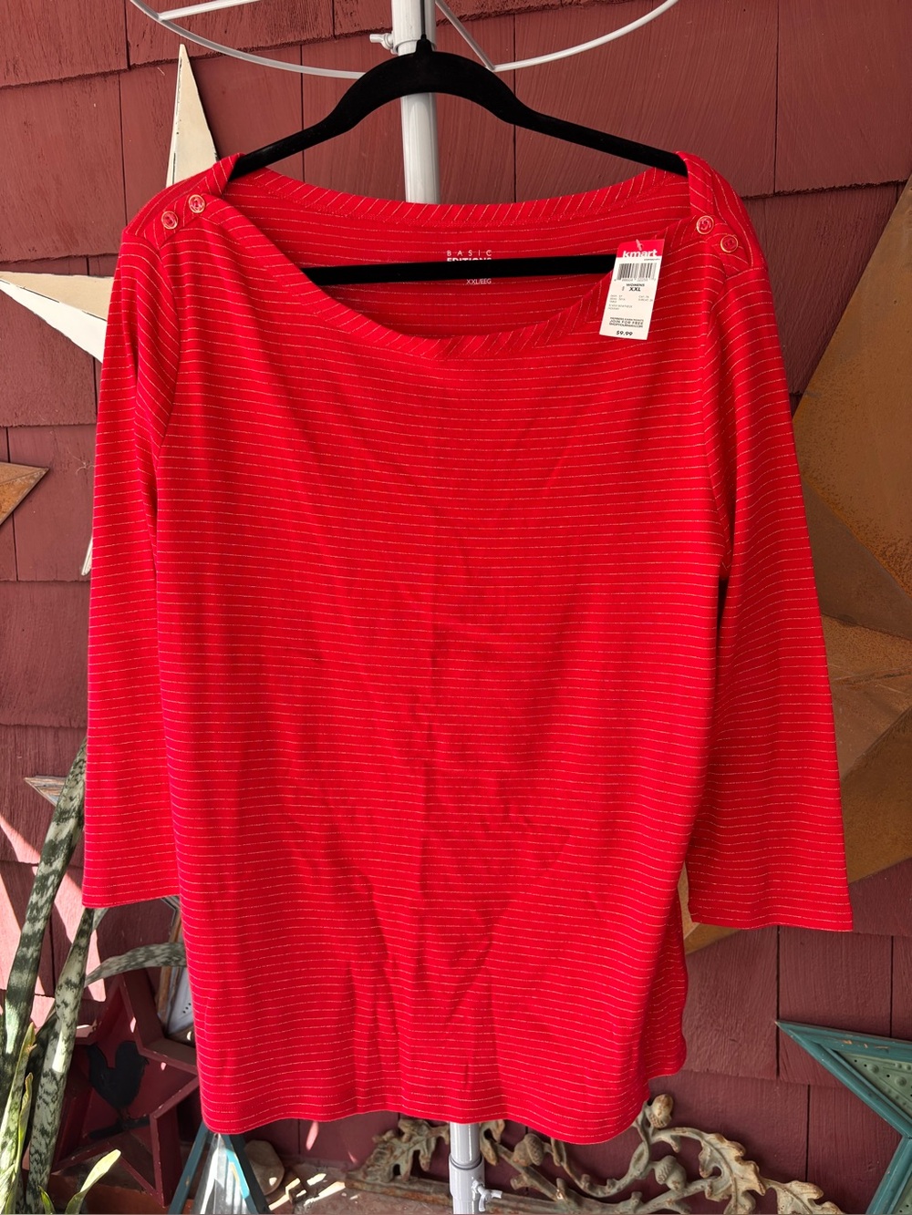 Y2K K-Mart Basic Editions Red & Gold Leaf Stencil StripesShirt Women’s Size XXL
